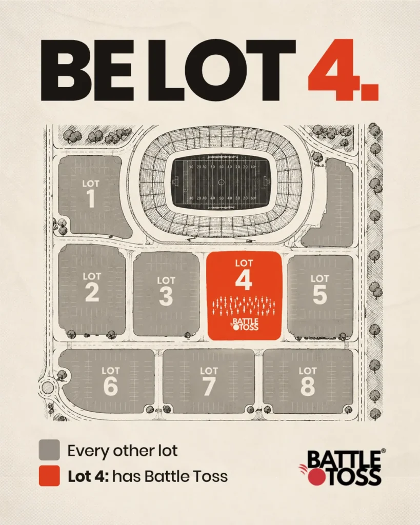 Battle Toss static ad: 'BE LOT 4' tailgate stadium map creative