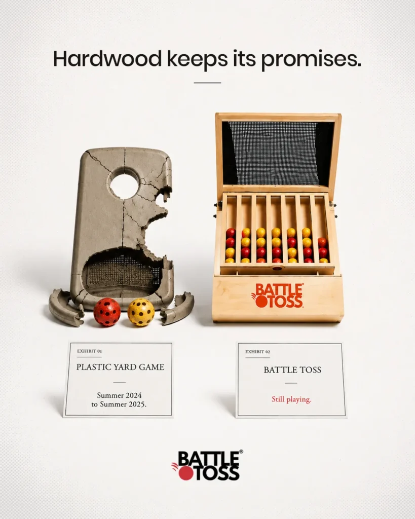 Battle Toss static ad: 'Hardwood keeps its promises' product creative