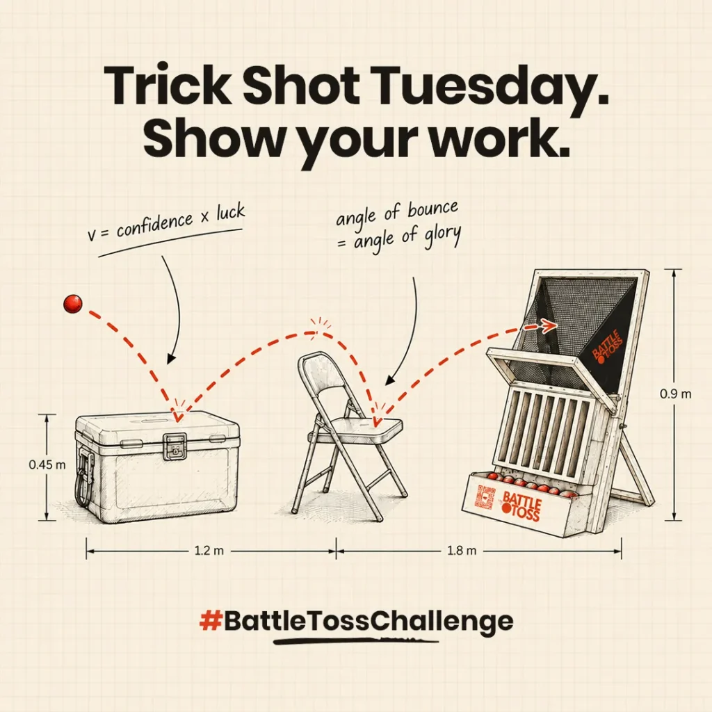Battle Toss static ad: 'Trick Shot Tuesday' physics diagram creative