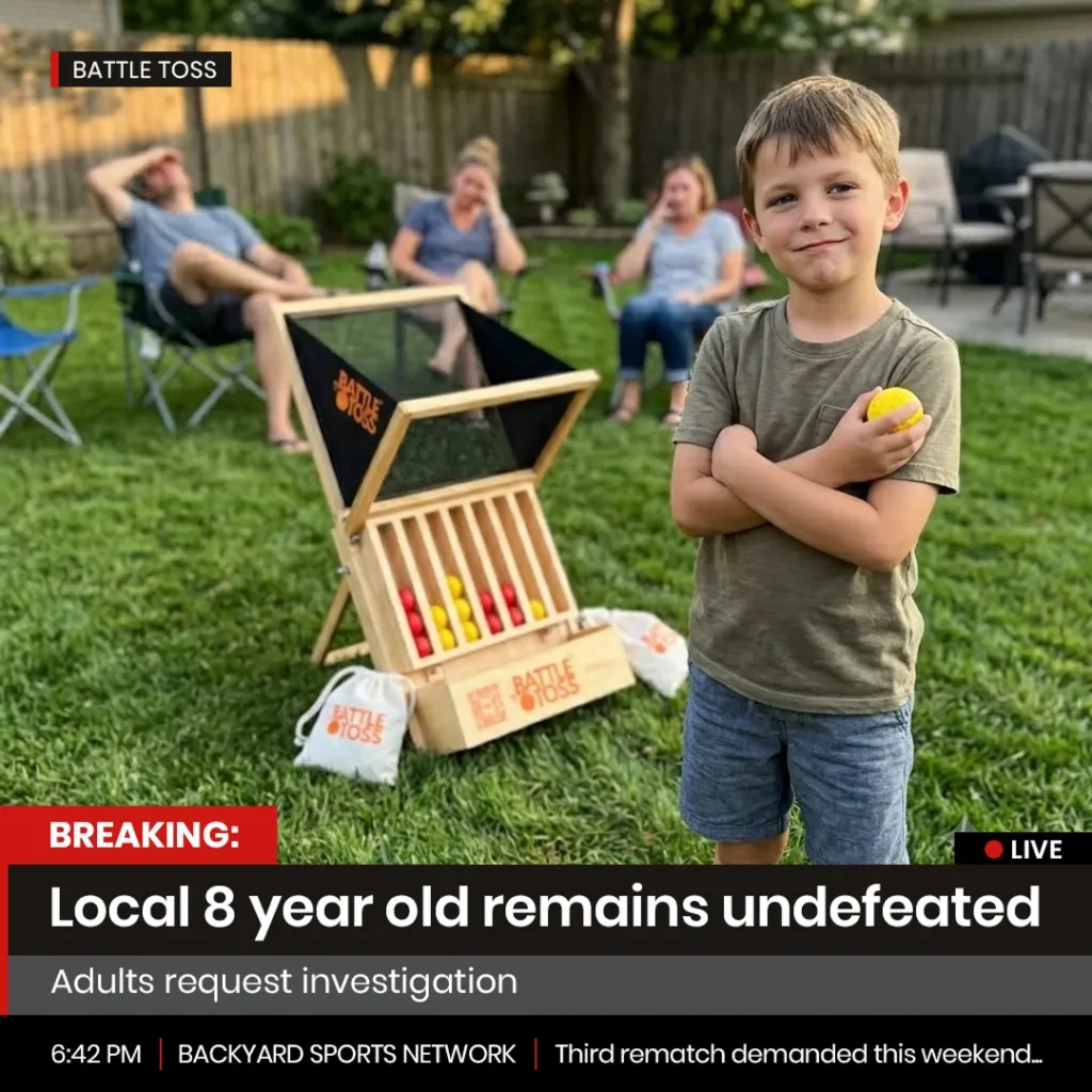 Battle Toss static ad: news-style 'Local 8-year-old remains undefeated' creative